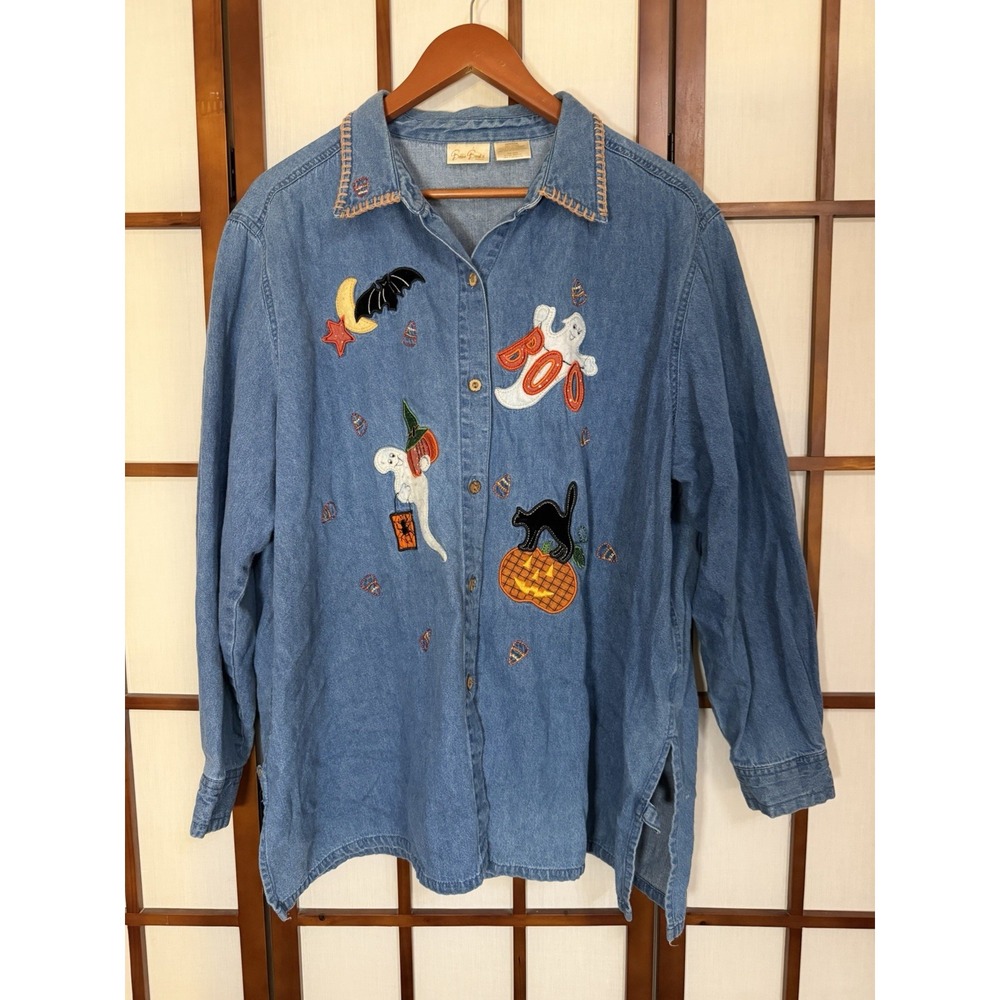 Bobbie Brooks Halloween Themed Denim Shirt Womens 18W/ 20W Pumpkins Ghosts Cat